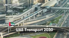 Bird's-eye view of Dubai's multi-level transport infrastructure with metro train, highways, and flag.