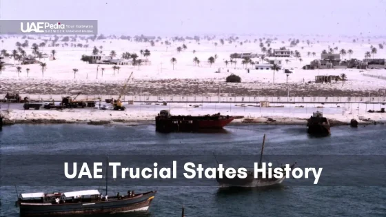 Historical view of UAE Trucial States with ships, coastline, and early development.