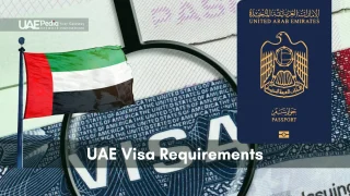 UAE flag on a pole, a magnifying glass over the word VISA, and an Emirati passport.