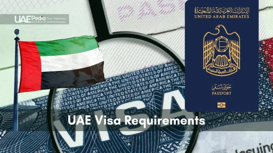 UAE flag on a pole, a magnifying glass over the word VISA, and an Emirati passport.