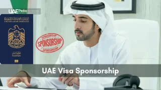 A man in Emirati dress reviews sponsorship papers beside a UAE passport.