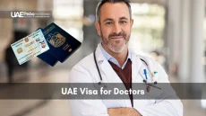 Smiling male doctor in white coat stands beside floating images of a UAE passport and ID card.