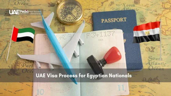 Egyptian passport and UAE flag with travel essentials