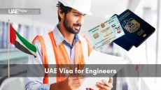 Bearded engineer in a hard hat and vest reads plans next to floating UAE passport and ID card.