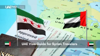 Syrian and UAE flags overlaid on passport and visa paperwork.