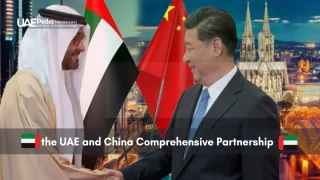 UAE and China flags with leaders and cityscape.