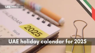 Close-up of 2025 calendar with UAE flag colors and "UAE holiday calendar" text overlay.