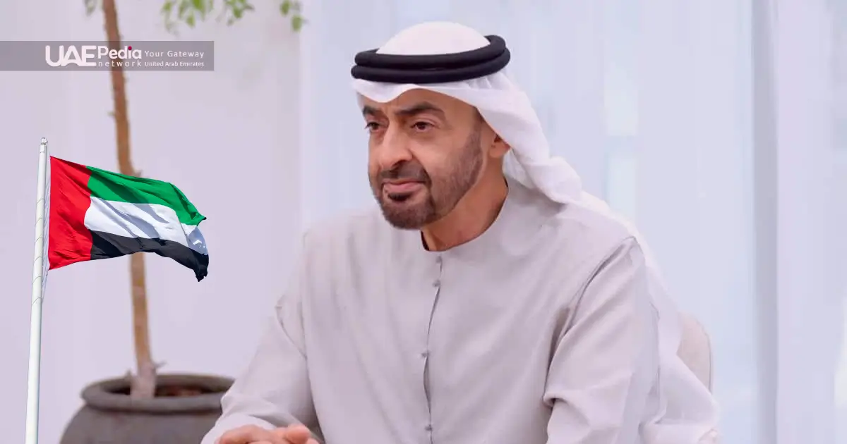 UAE President with the UAE flag, representing leadership and national unity.