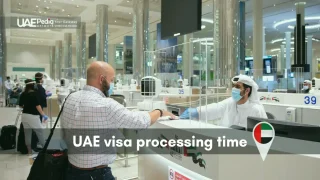 Masked passenger hands over passport at UAE airport immigration counter with plexiglass barriers and flag pin icon