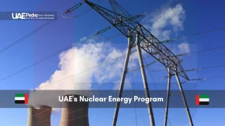 Cooling towers and electricity pylons representing UAE's nuclear energy.