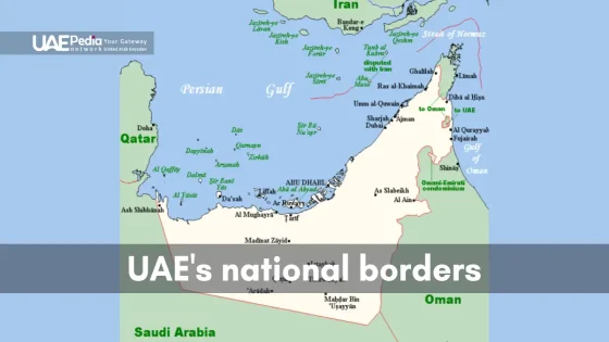 Map displaying UAE's boundaries, neighboring countries, and maritime borders.