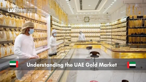 Spacious gold jewelry shop in UAE with shoppers and staff