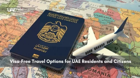 UAE passport next to a model airplane over a world map