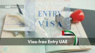 Passport page with “Entry Visa” watermark, a red stamp tool, and a UAE flag ribbon overlay.
