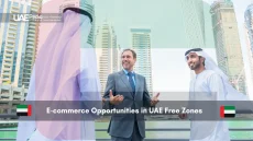 Business professionals discussing e-commerce opportunities in UAE Free Zones