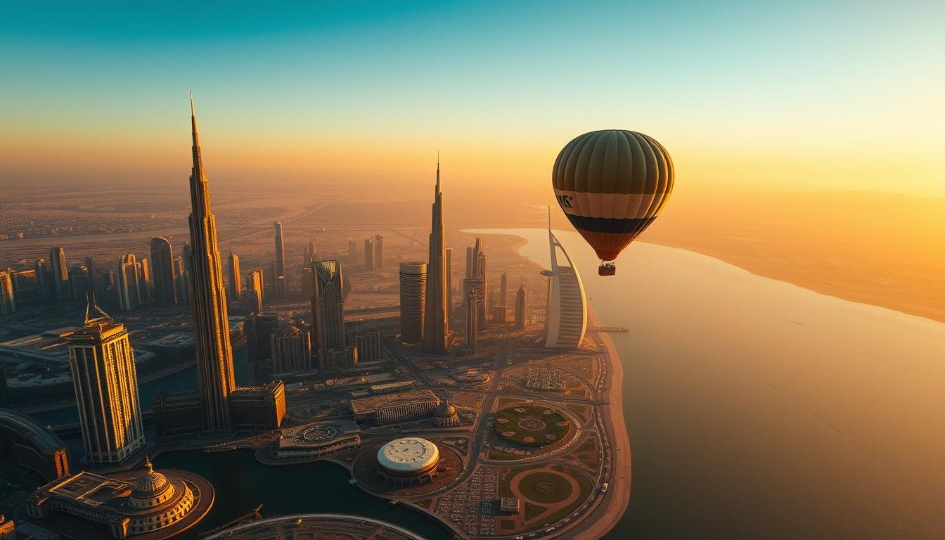 A breathtaking aerial panorama over the striking skyline of Dubai, bathed in the warm glow of the rising sun. Majestic skyscrapers and iconic landmarks dominate the foreground, their reflections glittering across the serene waters below. In the middle ground, a hot air balloon gracefully drifts, offering a unique bird's-eye perspective of this captivating cityscape. The background is a tapestry of hazy desert landscapes, stretched out to the distant horizon. The scene is infused with a sense of tranquility and wonder, inviting the viewer to embark on a transformative in-flight journey filled with unforgettable moments and exclusive entertainment.