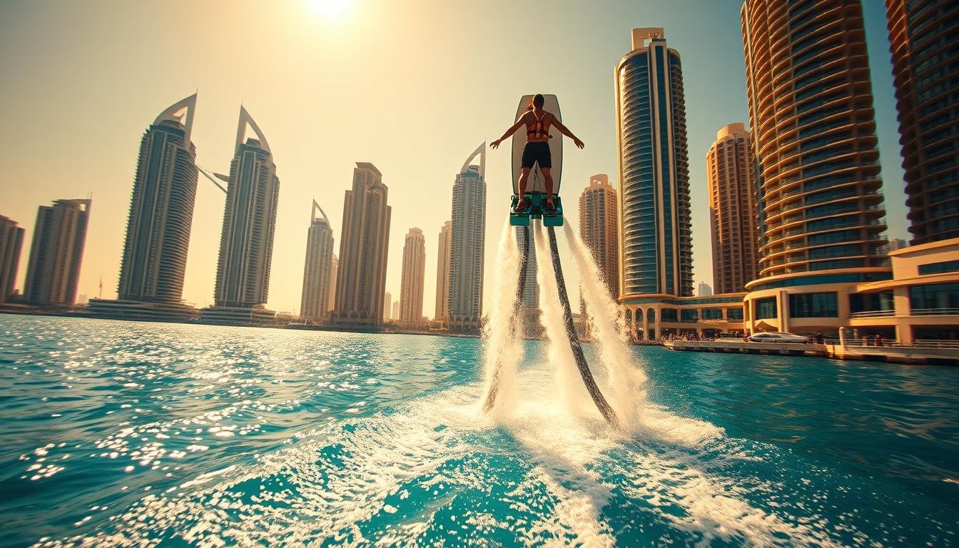 A breathtaking aerial water adventure unfolds in the heart of Dubai Marina, with the iconic skyscrapers of the United Arab Emirates as a stunning backdrop. A flyboarding enthusiast gracefully soars through the air, defying gravity as they glide effortlessly over the glistening turquoise waters. Warm sunlight bathes the scene, casting a golden glow and illuminating the water's surface. The wide-angle perspective captures the exhilarating moment, showcasing the thrilling interplay between human and nature, technology and the elements. This captivating image invites the viewer to imagine the sheer power and freedom of this aerial water experience.