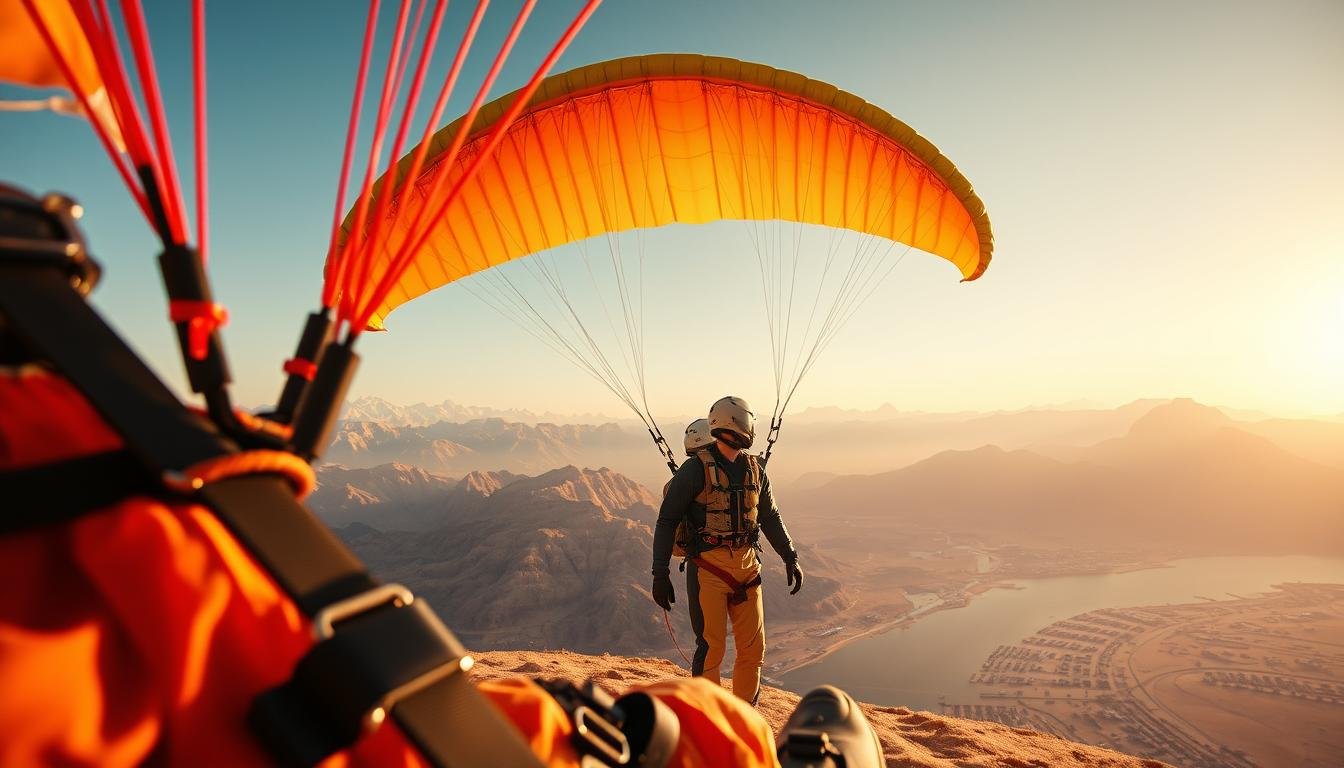 A breathtaking wide-angle view of paragliding safety gear against the majestic backdrop of the Ras Al Khaimah mountains. In the foreground, a richly detailed parachute canopy unfurls, its vibrant colors and intricate harness system conveying a sense of preparedness and skill. In the middle ground, a paraglider pilot stands ready, clad in a sleek, aerodynamic suit and protective helmet, their gaze fixed on the horizon. The warm, golden light filters through the clear sky, casting a serene, adventurous atmosphere. The UAE's iconic natural beauty frames the scene, inviting the viewer to embark on this thrilling aerial journey.