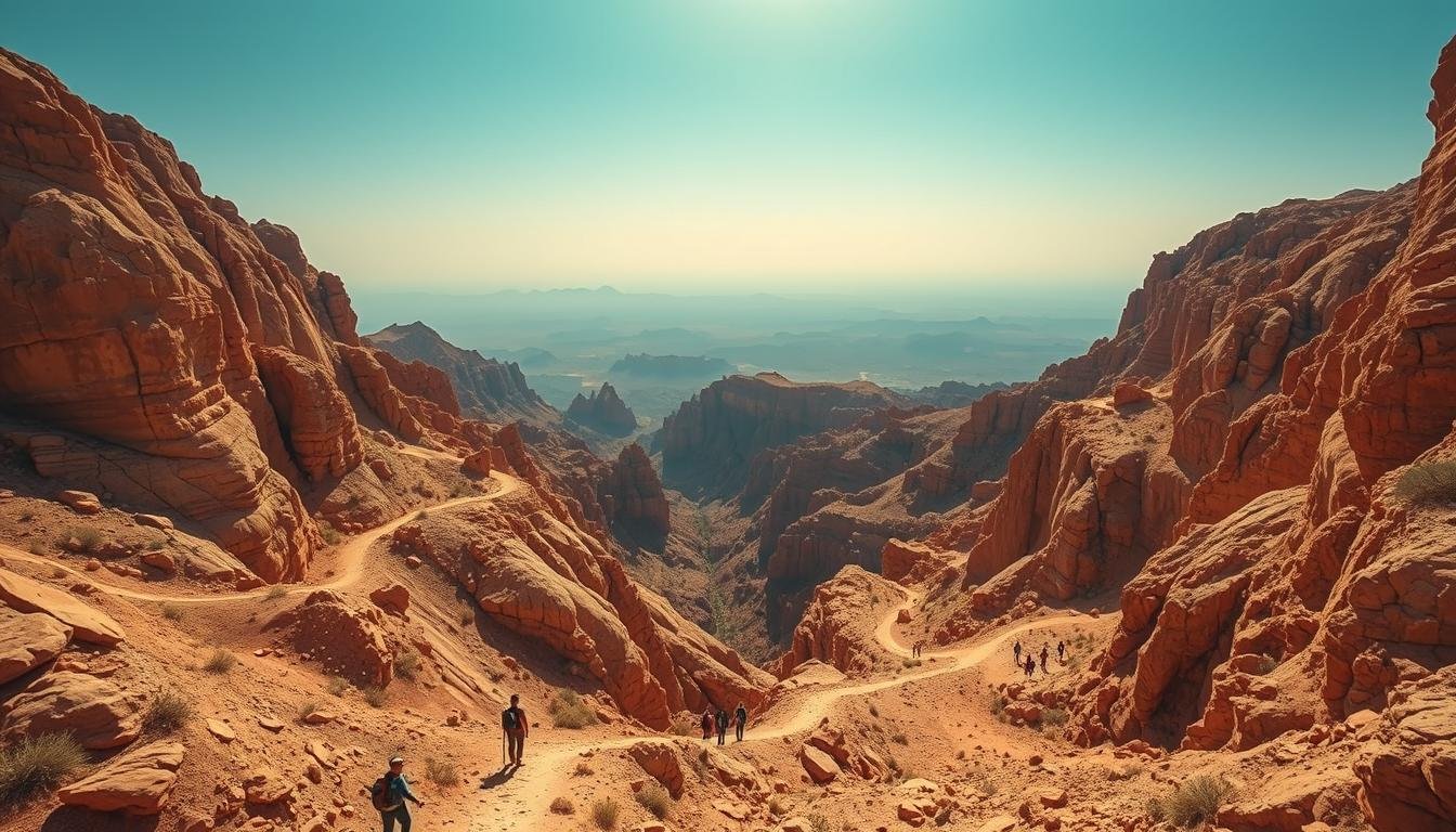 A breathtaking wide-angle view of the majestic Jebel Jais mountain range in Ras Al Khaimah, UAE. The rugged, sun-dappled trails wind through a tapestry of rust-colored rock formations, carved by eons of wind and water. The scene is bathed in a warm, golden glow, with a clear azure sky overhead. In the foreground, hikers and adventurers explore the winding paths, their silhouettes adding a sense of scale and adventure to the panoramic landscape. The middle ground features dramatic cliffs and craggy peaks, while the distant mountains fade into hazy blue horizons. This stunning natural wonder sets the stage for an exhilarating canyoning journey through the nearby wadis.