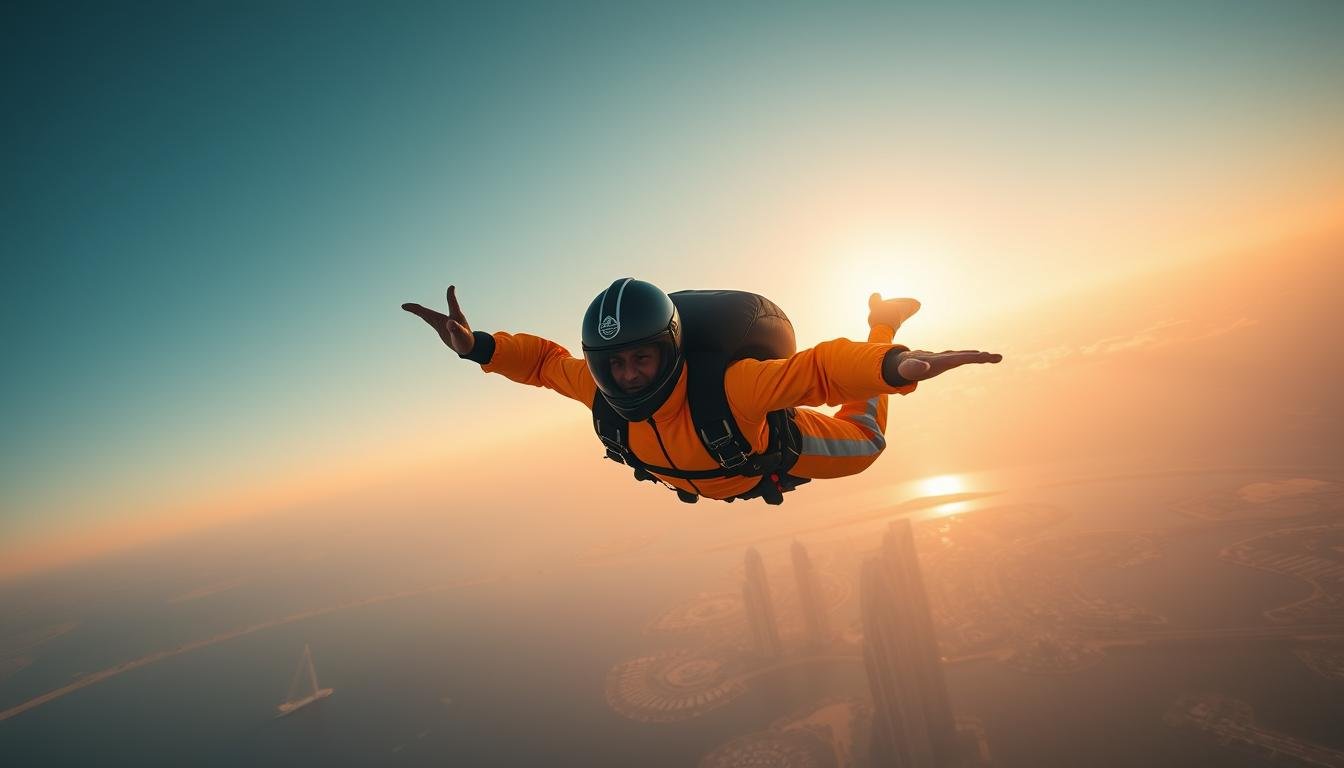 A dynamic aerial scene showcasing a skydiver in vibrant safety gear, plunging gracefully against the backdrop of the iconic Palm Jumeirah in Dubai. Crisp, wide-angle framing captures the daring thrill of the experience, with the diver's silhouette silhouetted against a warm, sun-dappled sky. Streamlined suit, sturdy harness, and sleek helmet evoke a sense of state-of-the-art equipment and unwavering safety. The serene, tranquil setting underscores the exhilaration of this unforgettable skydiving adventure.