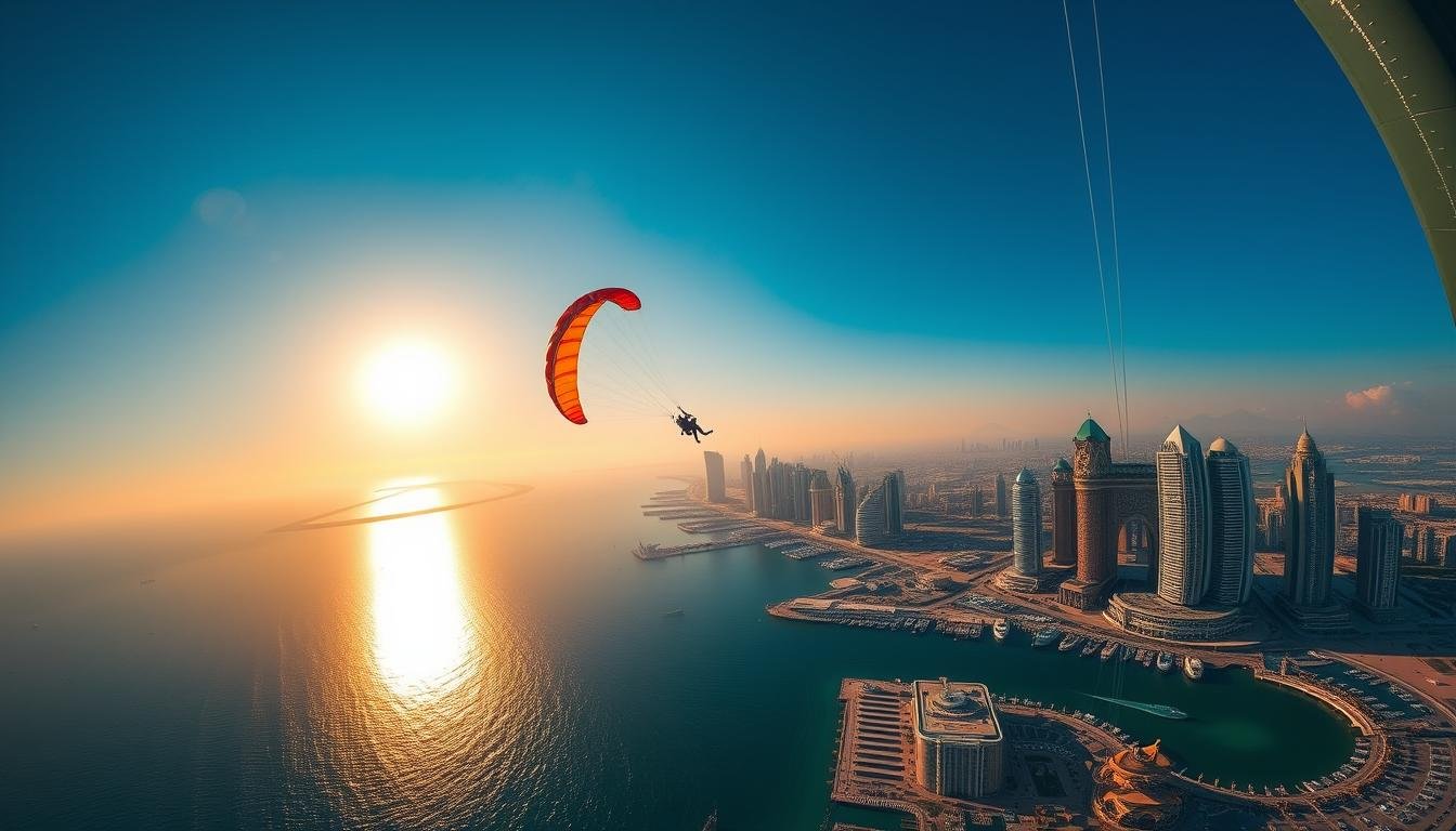 A majestic aerial view of Dubai Marina, shimmering under the warm golden glow of the setting sun. In the foreground, a parasailer soars effortlessly, their colorful canopy billowing against the clear azure sky. The iconic architectural silhouettes of Marina's high-rises and hotels stretch out below, creating a captivating juxtaposition of human-made splendor and natural beauty. A wide-angle lens captures the full grandeur of this breathtaking scene, inviting the viewer to experience the thrill and freedom of parasailing over this remarkable Middle Eastern metropolis.