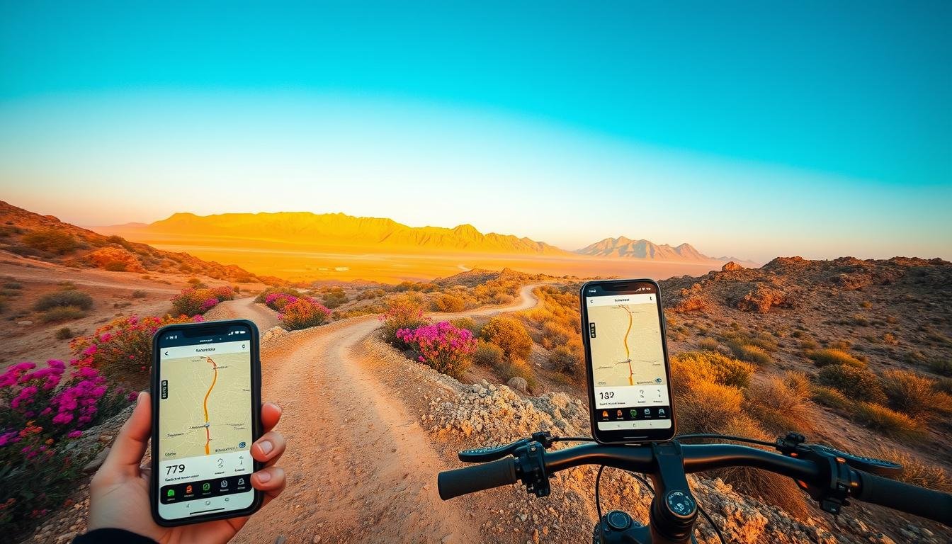 A picturesque scene of a mountain biking trail in Hatta, UAE. In the foreground, a wide-angle view captures the rugged terrain and winding path, with a trail navigation app displayed on a smartphone in the rider's hand. The middle ground showcases vibrant desert flora and rocky outcroppings, while the distant background features the iconic Hajar Mountains bathed in warm, golden light under a clear, azure sky. The overall mood evokes a sense of adventure and exploration, inviting the viewer to embark on an exhilarating journey through the stunning UAE landscape.