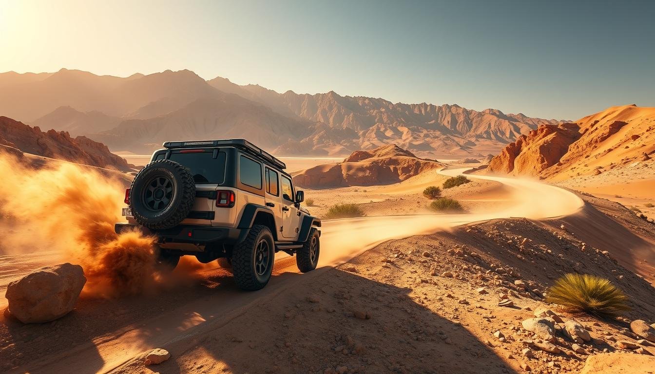 A rugged 4x4 navigating a winding, rocky off-road trail, kicking up dust in its wake, with the majestic UAE mountains rising in the background under a clear, warm sky. Wide-angle perspective captures the scale and grandeur of the scene, showcasing the vehicle's adventurous spirit and the challenging terrain. Dramatic lighting casts long shadows, adding depth and drama to the composition. The image conveys the thrill and excitement of off-road driving in the UAE's stunning natural landscapes.