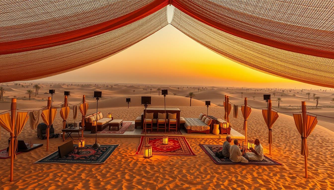 A sprawling desert oasis, a grand tent of woven fabric casting shadows on the sand. Warmly lit lanterns and colorful rugs adorn the space, as musicians play traditional instruments amidst the soft murmur of conversation. In the distance, the silhouettes of date palms and distant dunes create an iconic UAE backdrop under a clear, golden-hued sky. A wide-angle view captures the essence of a complete desert cultural experience - a mesmerizing blend of cuisine, performance, and immersive atmosphere.