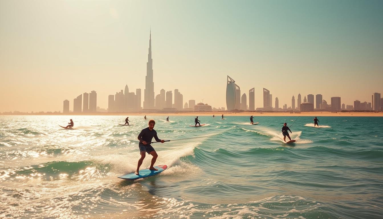 A sun-drenched scene at Dubai's iconic Kite Beach, where a group of kitesurfers glide effortlessly across the glistening waves. In the foreground, a beginner kitesurfing lesson is in progress, with an instructor guiding a student through the basics of kite handling and water launches. The middle ground features experienced riders carving graceful turns, their colorful kites dancing in the steady breeze. In the background, the majestic skyline of Dubai's skyscrapers rises against a crisp, azure sky, creating a striking and quintessentially Emirati backdrop. The warm, golden light casts a vibrant glow over the entire scene, capturing the energy and excitement of this popular watersport destination.