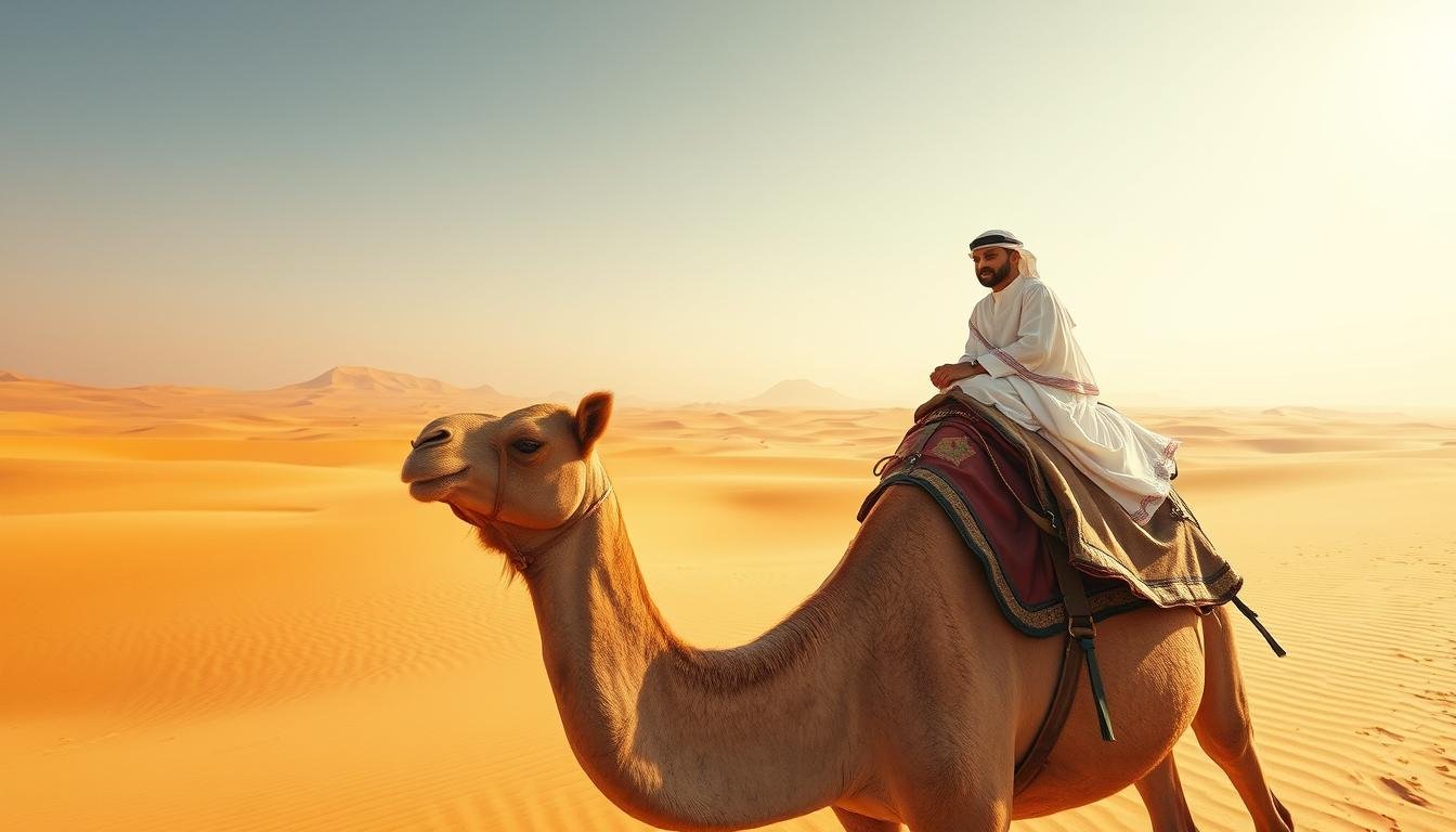 A vast desert expanse, golden sands stretching out into the distance, framed by the iconic silhouettes of towering dunes. In the foreground, a majestic camel, its humped back rising proudly, carrying a passenger dressed in traditional Emirati attire, immersed in the cultural experience of this desert Safari. The warm, golden light filters through a clear, azure sky, casting a soft, ethereal glow over the scene. The low, wide-angle perspective captures the grandeur and vastness of the landscape, transporting the viewer to the heart of the UAE's timeless desert heritage.