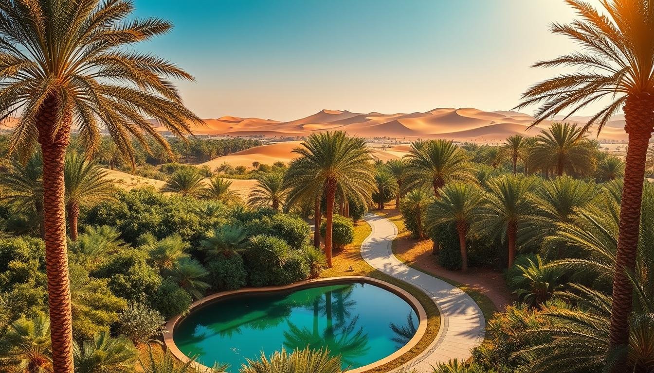A vast expanse of lush, verdant oasis nestled amidst the golden dunes of Liwa Desert, Abu Dhabi. Towering palm trees sway gently in the warm, desert breeze, casting long shadows across the emerald landscape. In the foreground, a serene pool of crystal-clear water reflects the azure sky above, inviting visitors to bask in the tranquility of this hidden gem. The middle ground features a winding path leading deeper into the oasis, framed by vibrant foliage and the occasional glimpse of a desert wildlife. In the distance, the iconic sand dunes of Liwa rise majestically, creating a stunning backdrop for this lush, oasis-like setting. Warm, golden sunlight bathes the entire scene, evoking a sense of timeless wonder and the allure of the UAE's hidden natural treasures.