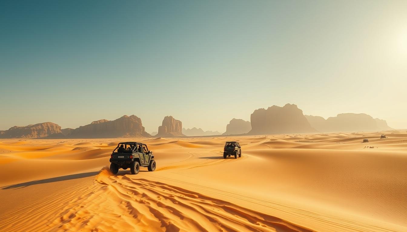 A vast, sun-drenched desert landscape, dotted with towering dunes and framed by the iconic silhouettes of the UAE's rugged mountains. In the foreground, a group of adventurers embark on a thrilling dune-bashing experience, their high-powered vehicles carving exhilarating paths through the golden sands. The warm, golden light illuminates the scene, casting long shadows and creating a sense of energy and dynamism. The clear, azure sky above adds a serene backdrop, emphasizing the expansive, untamed nature of the desert. This wide-angle, hero shot captures the essence of the Liwa Desert's captivating desert safari activities, inviting the viewer to experience the sheer adventure and wonder of this breathtaking landscape.