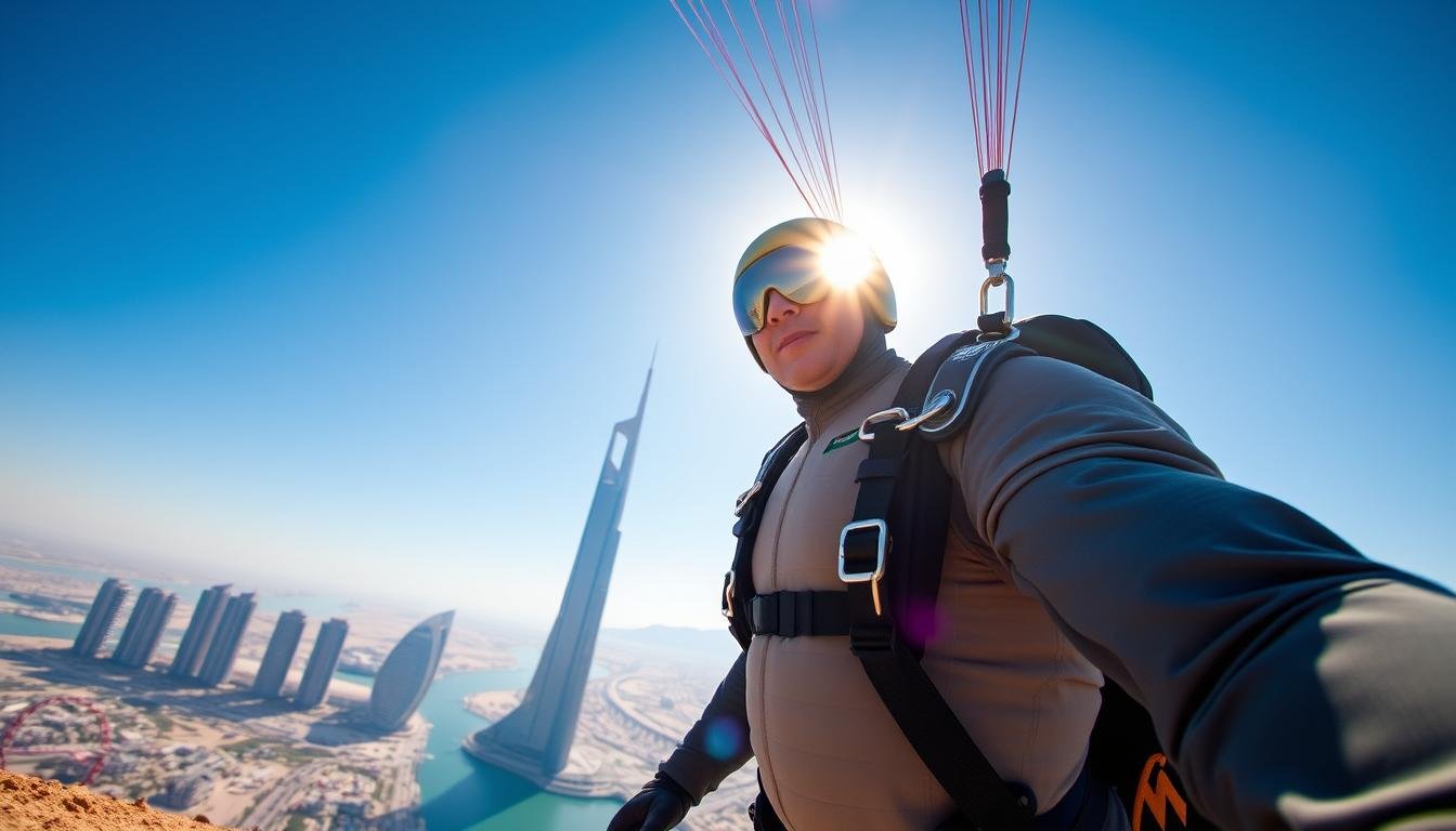 A well-equipped skydiver stands ready, outfitted in a sleek jumpsuit, parachute, and safety harness. Behind them, the iconic Palm Jumeirah skyline rises majestically, bathed in the warm glow of the sun. The clear blue sky provides the perfect backdrop for this thrilling scene, hinting at the exhilarating journey about to unfold. The camera captures the moment from a wide angle, showcasing the scale and grandeur of the setting, while also highlighting the essential gear and preparation required for a safe and memorable skydiving adventure over Dubai's stunning natural and man-made wonders.