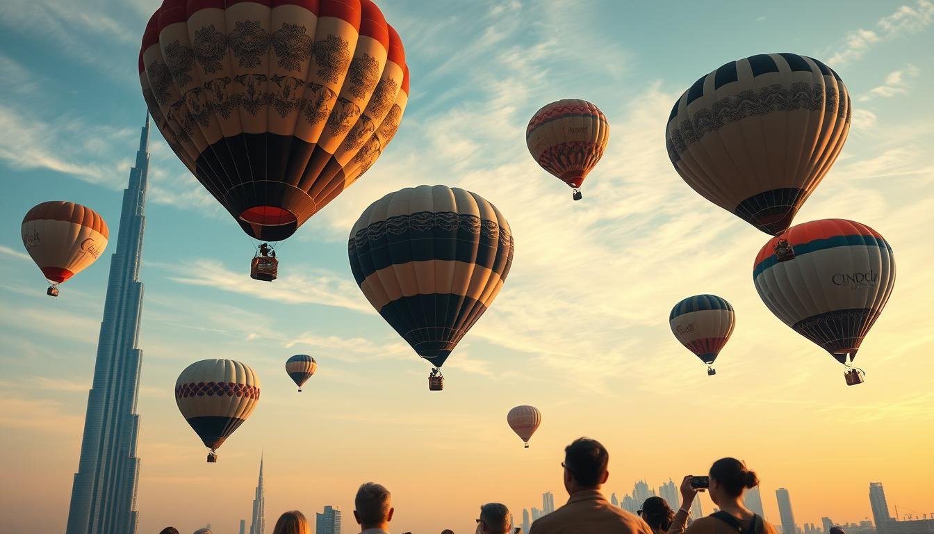 A wide-angle aerial view of a fleet of premium hot air balloons gently ascending over the Dubai skyline, with the iconic Burj Khalifa and other skyscrapers framing the serene scene. The balloons, adorned with luxurious patterns and colors, float gracefully against a warm, golden-hued sky filled with wispy clouds. The passengers below peer upwards in awe, capturing the breathtaking experience through their cameras. The tranquil atmosphere is accentuated by the soft, diffused lighting, creating a sense of exclusivity and VIP indulgence fitting for this premium Dubai balloon adventure.