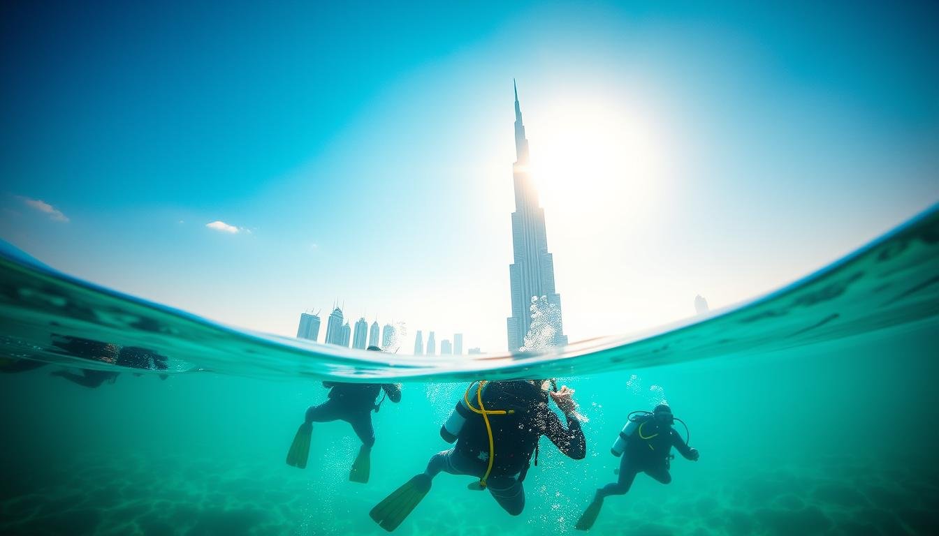 A wide-angle shot of a PADI Open Water Diver course in progress, set against the iconic Dubai skyline. Vibrant scuba divers, in full gear, descend into the crystal-clear waters of the Arabian Gulf, their bubbles rising towards the warm, sun-dappled surface. The Burj Khalifa towers majestically in the background, its sleek silhouette framed by a cloudless azure sky. The scene exudes a sense of adventure and exploration, inviting the viewer to imagine the thrill of diving in this remarkable setting.