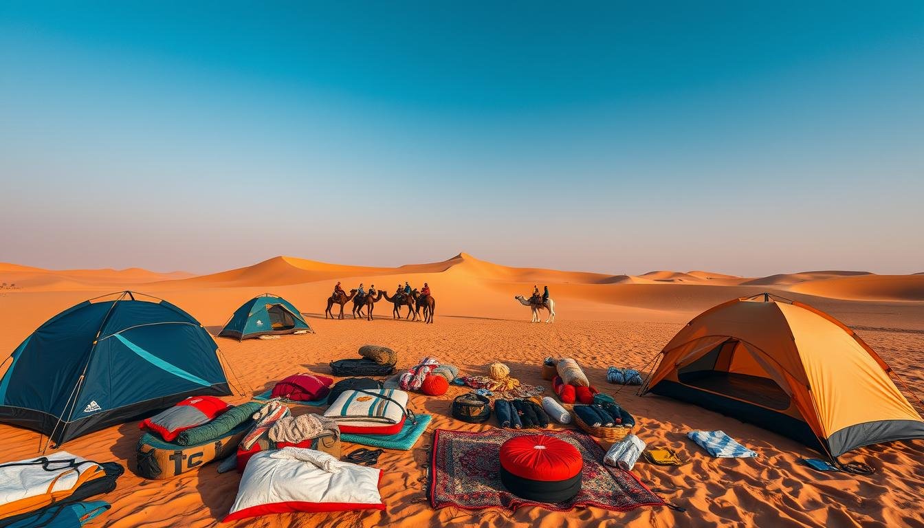 A wide-angle shot of a desert camping scene in the United Arab Emirates. In the foreground, various camping packages and equipment are displayed, including tents, sleeping bags, and campfire accessories. The middle ground features a group of people engaged in outdoor activities like stargazing, dune bashing, and camel riding. In the background, the iconic sand dunes and clear sky create a breathtaking, warm-toned landscape. The lighting is soft and natural, capturing the serene atmosphere of a desert overnight adventure.
