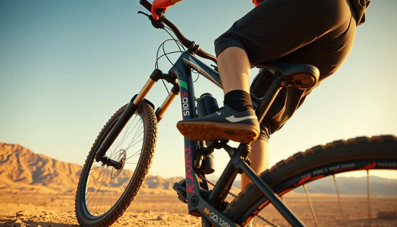 A wide-angle shot of a skilled mountain biker performing a technical suspension setup on their bike, with the iconic Hajar Mountains of the UAE providing a majestic backdrop. The rider is intently focused, adjusting the front fork and rear shock absorbers in the warm, golden light of the clear sky. The scene captures the essence of mastering mountain biking techniques, blending the rider's technical expertise with the breathtaking natural surroundings.