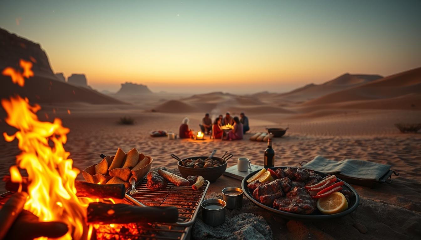 A wide-angle view of a desert oasis at dusk, with a crackling campfire and sizzling BBQ grill in the foreground. The warm glow illuminates a spread of succulent meats, grilled vegetables, and pita bread, beckoning the senses. In the middle ground, a group of adventurers gather around the fire, sipping aromatic teas and swapping stories under the vast, starry Emirati sky. Towering dunes and the iconic silhouette of the Rub' al Khali desert stretch out in the distance, creating a stunning, cinematic backdrop for this quintessential desert dining experience.