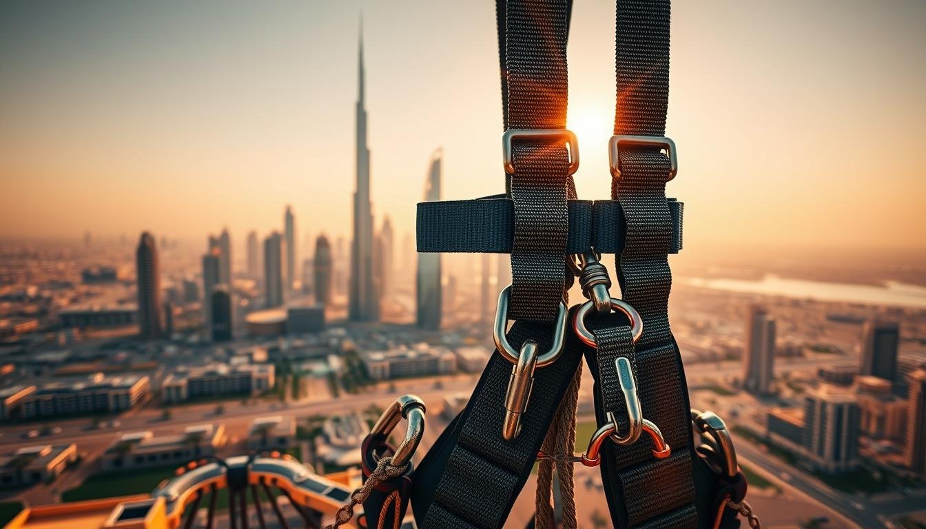 A wide-angle view of a well-equipped safety harness and gear display. The harness, carabiners, and ropes are prominently featured in the foreground, showcasing their sturdy construction and attention to detail. In the middle ground, an expansive skyline with the iconic high-rises of Dubai creates a dramatic backdrop, bathed in warm, golden light. The clear sky and absence of faces emphasize the sense of adventure and exploration. The overall composition conveys a mood of preparation, safety, and the thrill of experiencing the city from a unique vantage point.