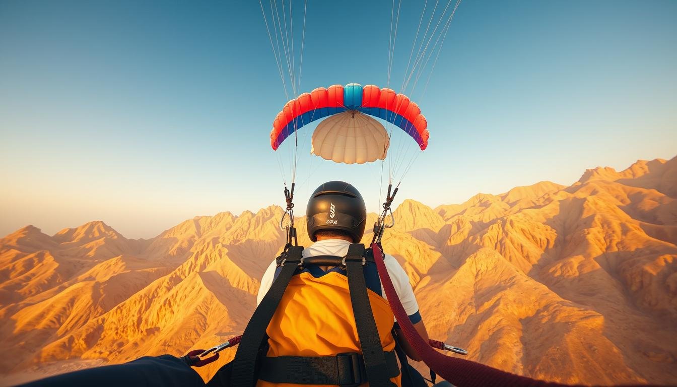 A wide-angle view showcases a parasailer gliding gracefully over the rugged Ras Al Khaimah mountains, their vibrant canopy and safety harness standing out against the clear blue sky. In the foreground, the parasailing gear is meticulously detailed, including the sturdy harness, secure carabiners, and sleek helmet. The warm, golden light bathes the scene, creating a sense of adventure and tranquility. The iconic UAE landscape serves as a majestic backdrop, its towering peaks and sweeping vistas framing the parasailer's aerial journey.