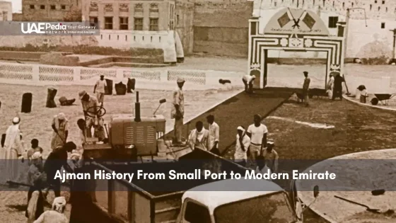 Vintage image of Ajman showing early roadwork and development