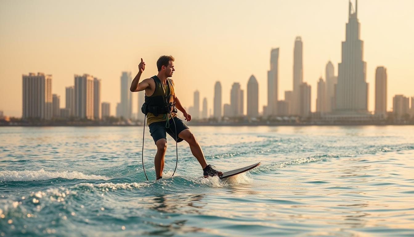 An expert wakeboarding instructor with years of experience is passionately coaching a determined student on a pristine lake. The two figures are positioned in the foreground, with the instructor skillfully maneuvering the student's board and offering verbal guidance. In the middle ground, the iconic skyline of Dubai can be seen in the distance, its towering skyscrapers silhouetted against a warm, golden-hued sky. The scene is captured with a wide-angle lens, emphasizing the action and the stunning backdrop. The lighting is soft and natural, casting a gentle glow on the two figures and creating a sense of warmth and tranquility.