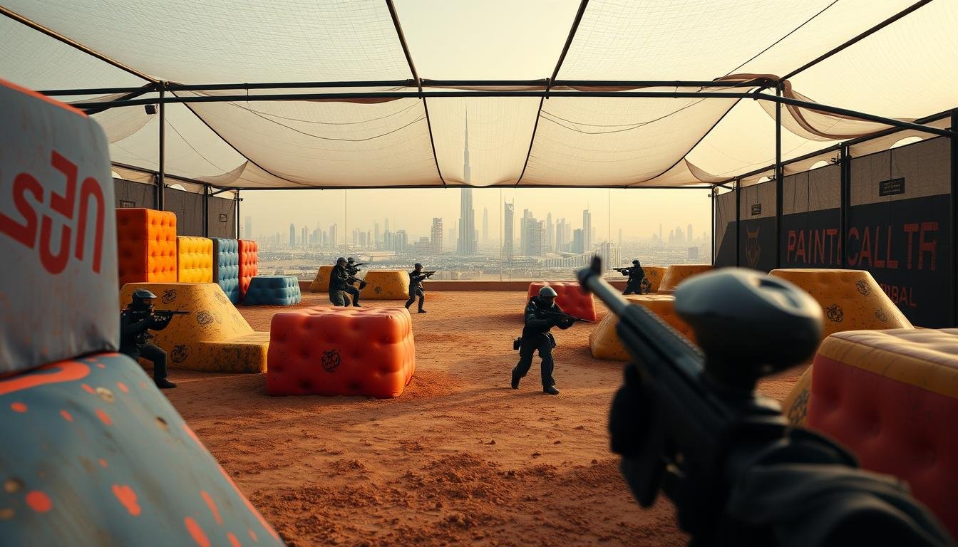An indoor paintball arena in Dubai, with players engaged in an intense battle. The foreground features colorful bunkers, obstacles, and cover, while the middle ground showcases the action of the players maneuvering and firing their paintball guns. In the background, a panoramic view of the iconic Dubai skyline, including the Burj Khalifa, towers under a warm, clear sky. The lighting is natural and diffused, creating a dynamic and immersive atmosphere. The wide-angle perspective captures the scale and energy of the paintball experience, inviting the viewer to imagine themselves in the middle of the adrenaline-fueled battle.