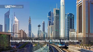 View of modern Dubai skyline with metro line in foreground
