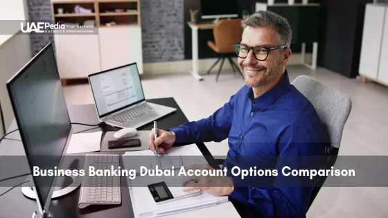 Smiling businessman comparing Dubai business banking account options