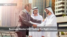 Business professionals networking outdoors in UAE cityscape