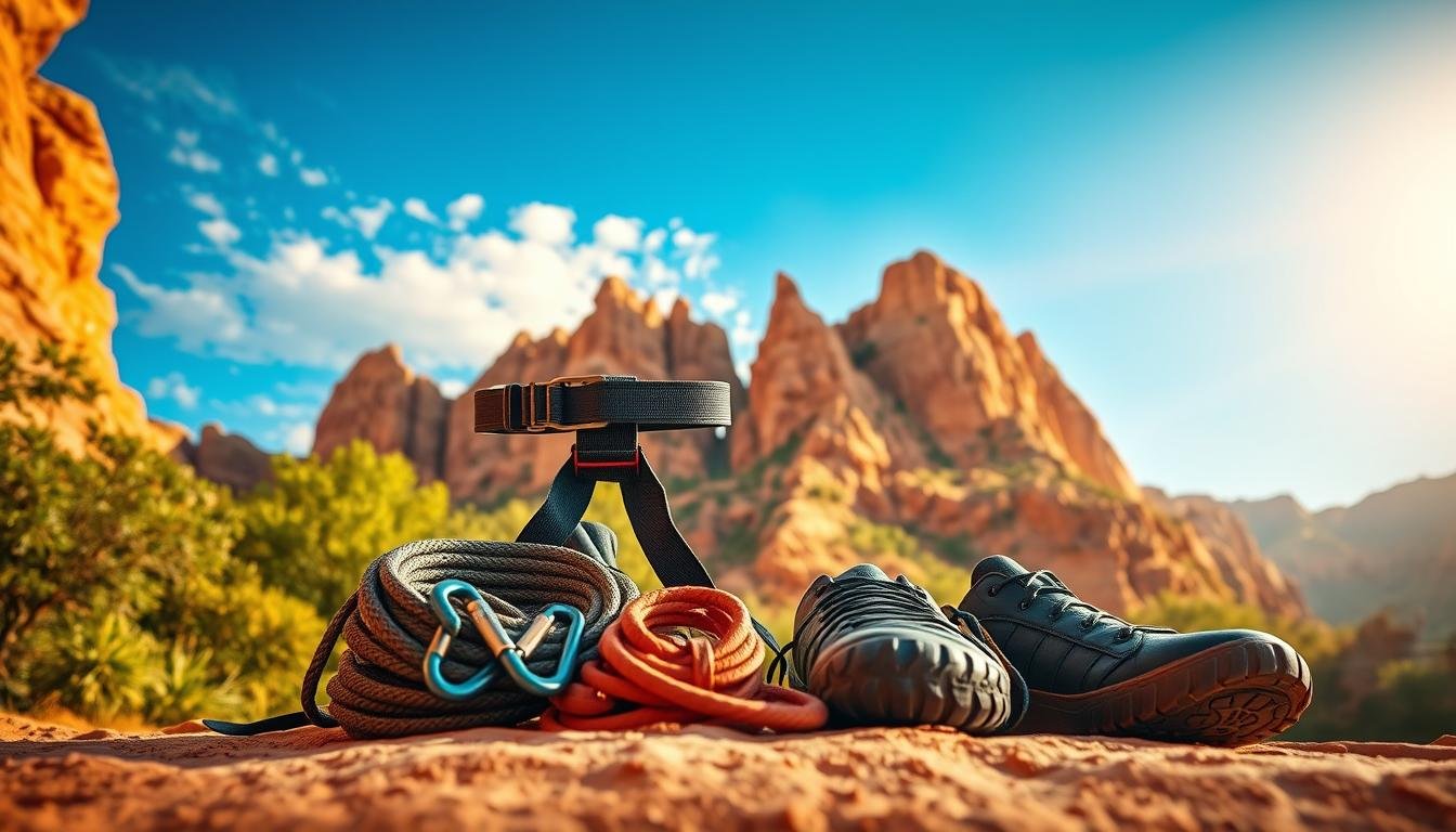 Canyoning gear essentials displayed in a wide-angle composition against a picturesque backdrop of towering sandstone cliffs and lush greenery, bathed in warm, golden light filtering through a clear blue sky. Prominently featured are a sturdy harness, a coiled climbing rope, carabiners, and a trusty pair of sturdy, gripping canyoning shoes. The layout creates a sense of adventure and preparation, inviting the viewer to envision the thrilling journey awaiting in the UAE's breathtaking wadi terrain.