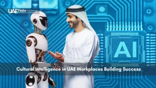 Emirati man shaking hands with humanoid robot