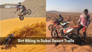 Dikers leaping over golden dunes and riders standing with their dirt bikes on a desert ridge.