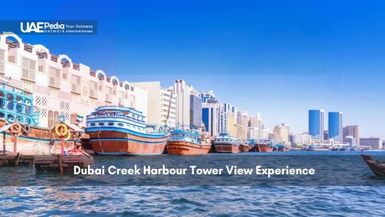 Traditional boats at Dubai Creek with modern buildings in view